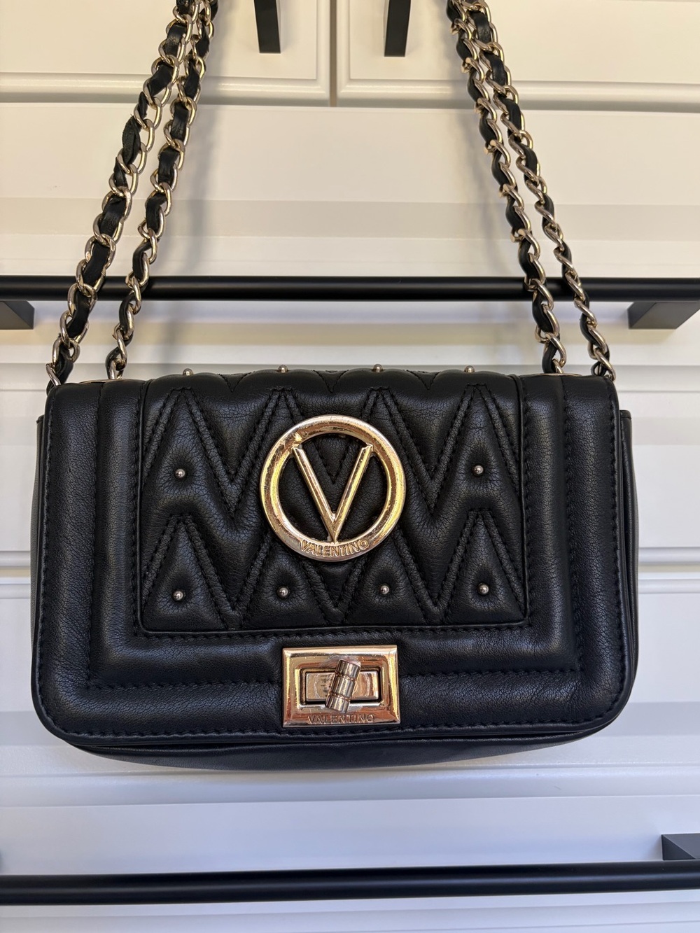 Valentino by Mario Valentino Black Quilted Alice Shoulder Bag with Gold Hardware